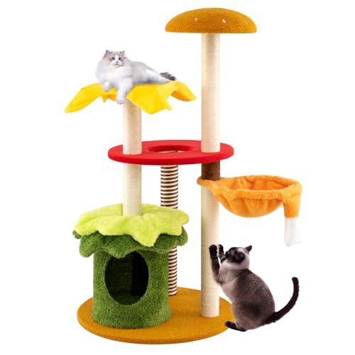 GYMAX Burgerform Kratzbaum 117 cm hoch, Katzenbaum mit Schlafkorb, gepolsterter Aussichtsplattform & Höhle, Katzenkratzbaum mit Sisal-Kratzsäule & Ball, Aktivitätszentrum für Katzen von GYMAX