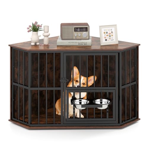 GYMAX Eck-Hundekäfig Möbel, Hundehütte Indoor mit abschließbaren Türen, verstellbarem Futtertrog & 2 Edelstahlnäpfen, Hundebox für mittelgroße kleine Hunde, Braun von GYMAX