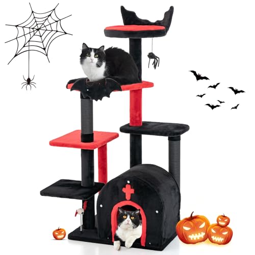 GYMAX Gothic Kratzbaum groß, 134cm hoch Katzenbaum mit 3 Sisalsäule, 1 Katzenhaus, 1 Katzenbett & 4 Plattformen, Katzenhaus mit 2 Spielbälle, Cat Tower für kleine, mittelgroße Katzen, Halloween von GYMAX