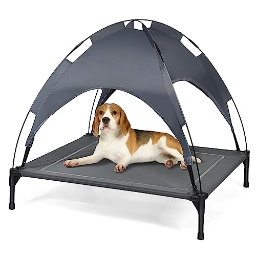 GYMAX Hundebett, erhöhtes Haustierbett mit abnehmbarem Verdeck, Hundehütte mit wetterfeste & atmungsaktive Stoffe, Hundeliege für Hunde & Katze (90x81x86 cm) von GYMAX