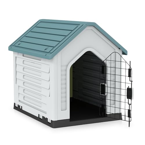 GYMAX Hundehütte, Winterfest, große Hundehaus mit verriegelbarer Metalltür & schrägem Dach, Hundehütte für Mittelgroße Hunden, 66,5 x 52 x 60 cm (Blau) von GYMAX