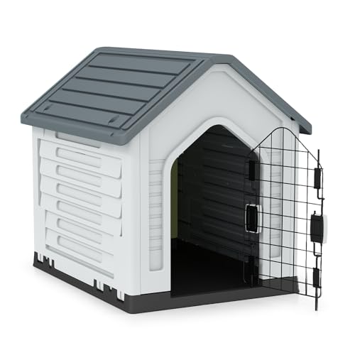 GYMAX Hundehütte, Winterfest, große Hundehaus mit verriegelbarer Metalltür & schrägem Dach, Hundehütte für Mittelgroße Hunden, 66,5 x 52 x 60 cm (Grau) von GYMAX