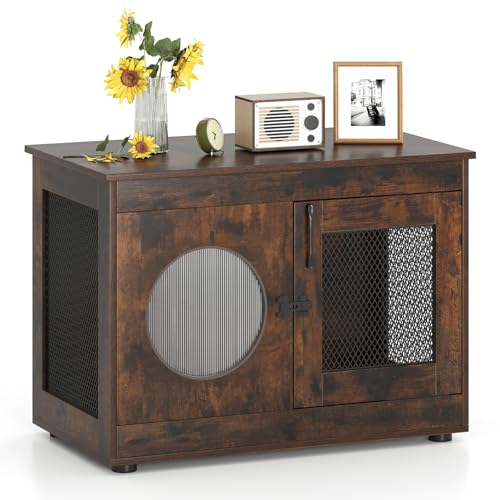 GYMAX Hundekäfig Tierkäfig, Hundebox 82 x 47 x 60 cm mit Metallgitter, Transparente Tür, Riegel & Griff, Beistelltisch, Moderne Haustier für Katze/Hunde bis zu 40 kg von GYMAX