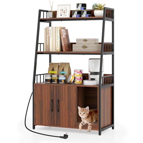 GYMAX Indoor Katzenschrank mit Bücherregal, Katzenmöbel mit 2 Stauraumregalen & integrierte Ladestation, 2-in-1 versteckte Katzentoilette mit Kratzmatte, 80x40x132cm (Walnussbraun) von GYMAX