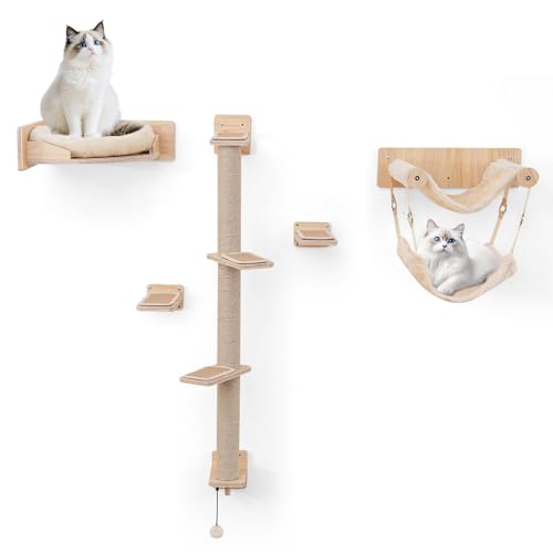 GYMAX Katzen Kletterwand, 5-teiliges stabiler Katzenmöbel mit doppelschichtiger Hängematte, 1 Liege mit Kissen, 2 Trampoline & 1 Sprungturm, Katzenhöhle mit hängendem Ball für Katze Schlafen, Spielen, GYMAX Katzen Kletterwand, 5-teiliges stabiler Katzenmöbel mit doppelschichtiger Hängematte, 1 Liege mit Kissen, 2 Trampoline & 1 Sprungturm, Katzenhöhle mit hängendem Ball für Katze Schlafen, Spielen, von GYMAX