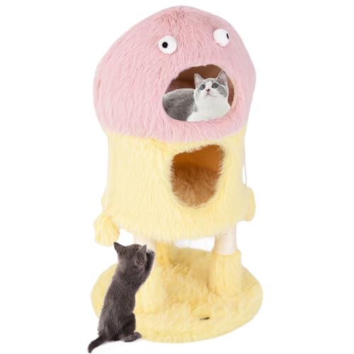 GYMAX Katzenbaum, Kletterturm mit 2 privaten Katzenhöhlen & hängenden Spielzeugen, gemütlicher Katzenwohnung, 3-stufiger Kratzbaum aus langem Plüschstoff, Katzenkratzbaum für Hauskatzen & Kätzchen GYMAX Katzenbaum, Kletterturm mit 2 privaten Katzenhöhlen & hängenden Spielzeugen, gemütlicher Katzenwohnung, 3-stufiger Kratzbaum aus langem Plüschstoff, Katzenkratzbaum für Hauskatzen & Kätzchen von GYMAX