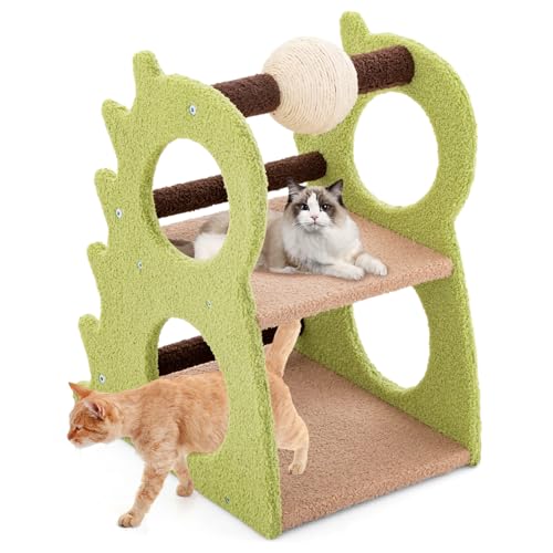 GYMAX Katzenbaum im Dinosaurier-Stil, 2-stöckiger Katzenturm mit rotierendem Sisal-Kratzball, Kletterstäben & Teddy-Plüsch, Katzenkratzbaum für kleine Katzen, 48 x 37 x 58 cm, Grün von GYMAX