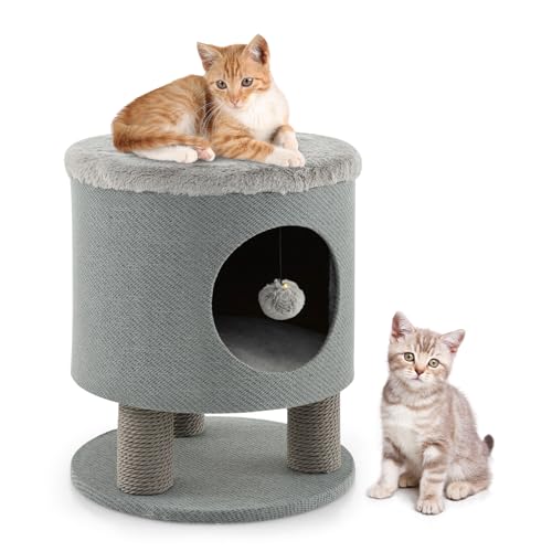 GYMAX Katzenhöhle, Katzenhaus mit weichem Bezug, hängendem Ball & runder Eingang, 3 in 1 gepolsterter Kratzbaum mit 3 Kratzsäulen, Katzenmöbel, Sitzhocker bis 60 kg belastbar, 40 x 40 x 47 cm(Grau) von GYMAX