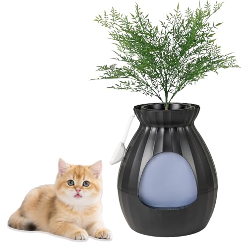 GYMAX Katzenklo, verstecktem Katzenklo-Gehäuse mit intelligentem Geruchskontrollsystem & Kunstpflanze, Katzentoilette mit Türvorhang, Kieselsteinen & Schaufel für Katzen, 50 x 50 x 59 cm von GYMAX