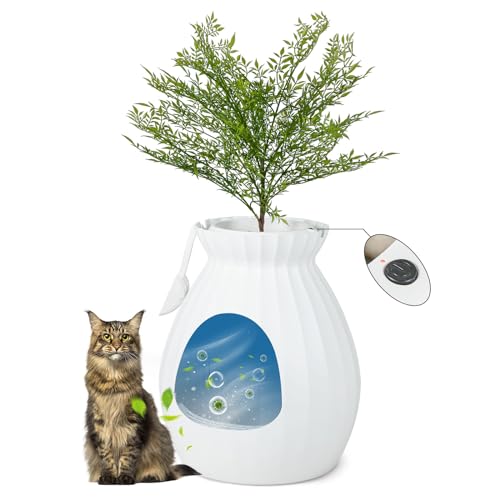 GYMAX Katzenklo, verstecktem Katzenklo-Gehäuse mit intelligentem Geruchskontrollsystem & Kunstpflanze, Katzentoilette mit Türvorhang, Kieselsteinen & Schaufel für Katzen (Weiß, S) von GYMAX