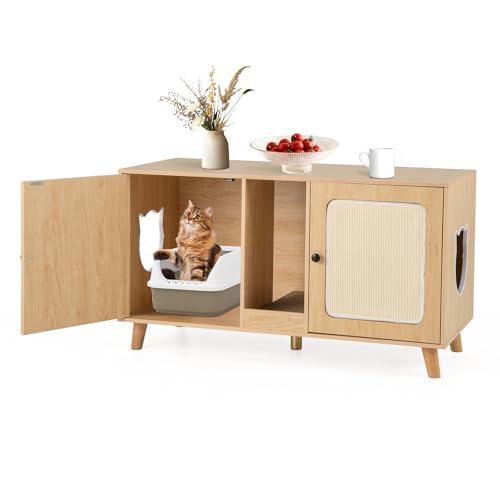 GYMAX Katzenklo Schrank 50 x 108 x 70 cm, Katzenschrank für katzentoilette mit Doppeltür, 2 Seiteneingänge & Sisal Kratzmatten, stabile Katzenhaus mit Katzenkratzbrett (Natur) von GYMAX