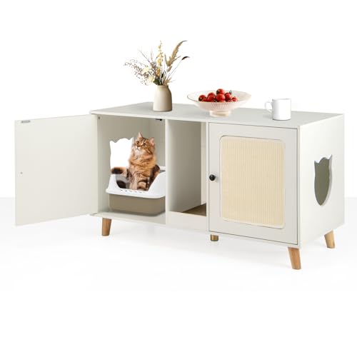 GYMAX Katzenklo Schrank 50 x 108 x 70 cm, Katzenschrank für katzentoilette mit Doppeltür, 2 Seiteneingänge & Sisal Kratzmatten, stabile Katzenhaus mit Katzenkratzbrett (Weiß) von GYMAX