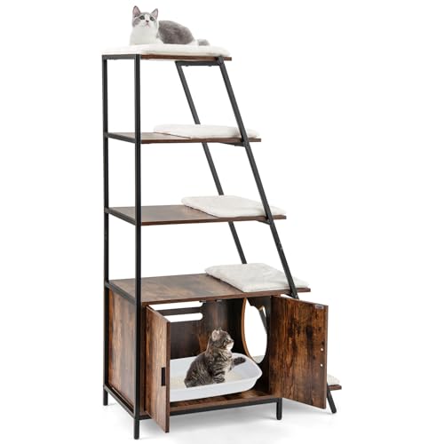 GYMAX Katzenklo Schrank mit Leiterregal & Türen, großes Katzenschrank mit abnehmbaren Kissen & seitlichem Eingang, multifunktionales Katzenhaus Katzentoilette mit Stauraum (Rustikales Braun) von GYMAX