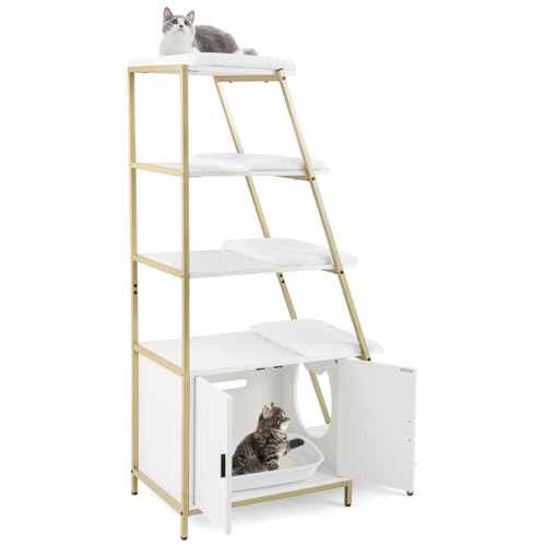 GYMAX Katzenklo Schrank mit Leiterregal & Türen, großes Katzenschrank mit abnehmbaren Kissen & seitlichem Eingang, multifunktionales Katzenhaus Katzentoilette mit Stauraum (Weiß) von GYMAX