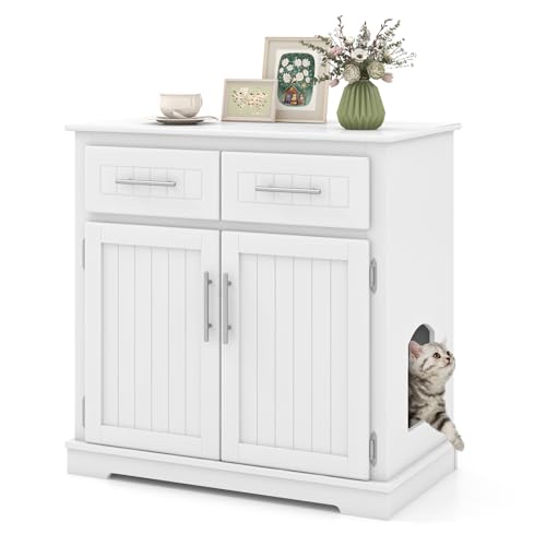 GYMAX Katzenschrank, Katzenklo Schrank 80 x 45 x 80 cm, Katzenhaus mit 2 Türen & 2 Schubladen, Katzenhöhle mit Anti-Kipp-Vorrichtung für Eingangsbereich & Wohnzimmer, Weiß GYMAX Katzenschrank, Katzenklo Schrank 80 x 45 x 80 cm, Katzenhaus mit 2 Türen & 2 Schubladen, Katzenhöhle mit Anti-Kipp-Vorrichtung für Eingangsbereich & Wohnzimmer, Weiß von GYMAX