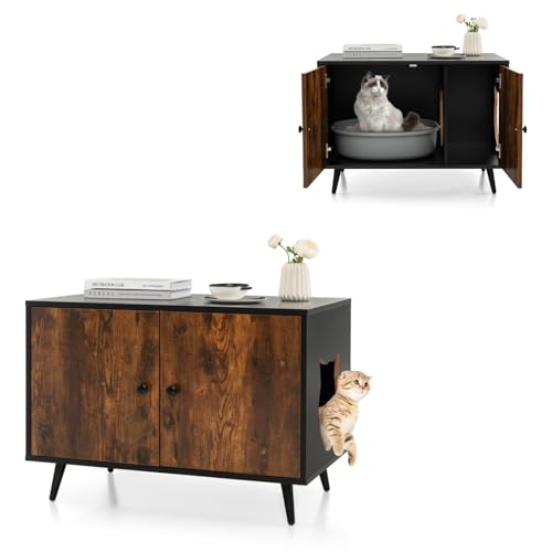 GYMAX Katzenschrank für Katzentoilette 80 x 50 x 57 cm Katzenhaus mit 2 Türen & Eingang Katzenklo Schrank von GYMAX