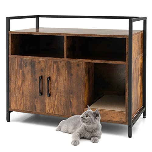 GYMAX Katzenschrank für Katzentoilette mit Kratzbrett Katzenklo Schrank 89 x 45 x 74,5 cm Katzenhaus mit offenen Regalen & Türen (Braun) von GYMAX