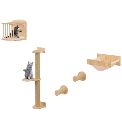 GYMAX Kletterwand Katzen, wandmontiertes Katzenmöbel-Set inkl. Katzenhaus, Kratzbaum mit Sisal, Katzentreppen, Hängematte & 5-teilige Katzenwandmöbel mit weicher Matte, Katzenwandregal von GYMAX