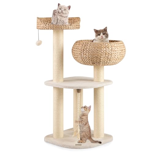 GYMAX Kratzbaum 104 cm, Katzenbaum mit Korb, Sisalstämme, Hängender Ball & eine Schlinge, Stabiler Katzenkratzbaum Katzenmöbel (Weiß) von GYMAX