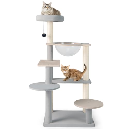 GYMAX Kratzbaum 113 cm, Katzenbaum mit gepolsterter Liegefläche & hängendem Ball, Kletterbaum mit Raumkapsel & Sisal-Kratzsäulen, Katzenkratzbaum mit Plattformen, Katzenspielplatz für Katzen GYMAX Kratzbaum 113 cm, Katzenbaum mit gepolsterter Liegefläche & hängendem Ball, Kletterbaum mit Raumkapsel & Sisal-Kratzsäulen, Katzenkratzbaum mit Plattformen, Katzenspielplatz für Katzen von GYMAX