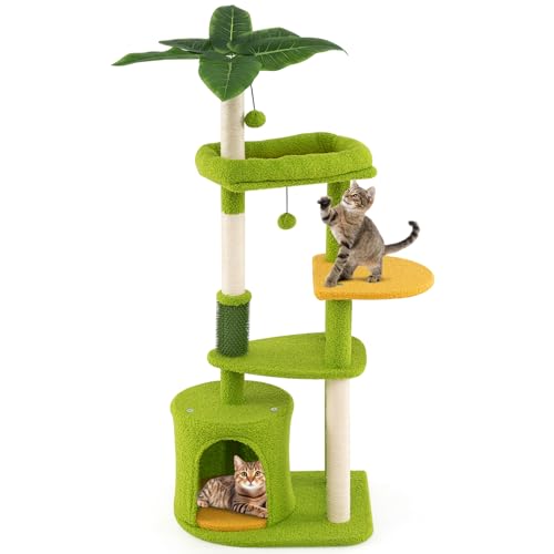 GYMAX Kratzbaum 122 cm hoch, Katzenbaum mit Katzenhöhle, Aussichtsplattform, Katzenbürste, Sisal-Kratzpfosten & Ball, Katzenmöbel mit künstlichen Blättern für Kätzchen bis zu 10 kg, Grün GYMAX Kratzbaum 122 cm hoch, Katzenbaum mit Katzenhöhle, Aussichtsplattform, Katzenbürste, Sisal-Kratzpfosten & Ball, Katzenmöbel mit künstlichen Blättern für Kätzchen bis zu 10 kg, Grün von GYMAX