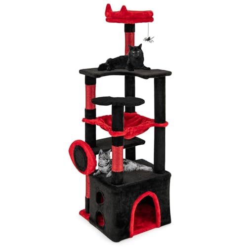 GYMAX Kratzbaum 133 cm, gotischer Katzenbaum mit Mehreren Ebenen, Plüschliege & Höhle, Kletterbaum mit Hängematte, hängendes Spielzeug & Plattformen, Katzenkratzbaum mit Sisal-Kratzstamm & Brett von GYMAX