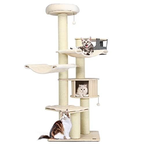 GYMAX Kratzbaum 197cm, Katzenbaum mit 2 Hängematte, Hängekorb & Katzenhöhle, Kratzbaum mit vollständig gewickeltem Sisalstamm, Katzenkratzbaum mit abnehmbarem & waschbarem Kissen, beige von GYMAX