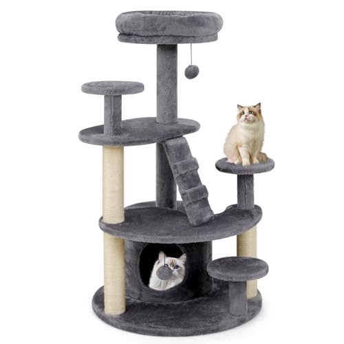 GYMAX Kratzbaum klein, Stabiler Katzenkratzbaum mit Katzenhöhle, hängenden Bällen, Leiter, Sprungplattformen & Kratzsäulen, Kletterbaum für Katzen, 64 x 61,5 x 101 cm (Grau) von GYMAX