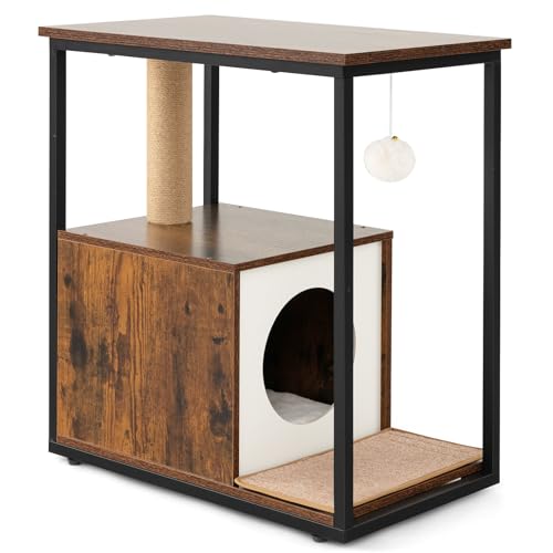 GYMAX Kratzbaum & Beistelltisch, Katzenhaus mit Katzenhöhle, Katzenbaum mit Sisalpfosten, Kratzmatte & Ball, Katzenkratzbaum mit Kissen & Kippschutz, Katzenmöbel für Wohnzimmer & Schlafzimmer(Braun) GYMAX Kratzbaum & Beistelltisch, Katzenhaus mit Katzenhöhle, Katzenbaum mit Sisalpfosten, Kratzmatte & Ball, Katzenkratzbaum mit Kissen & Kippschutz, Katzenmöbel für Wohnzimmer & Schlafzimmer(Braun) von GYMAX