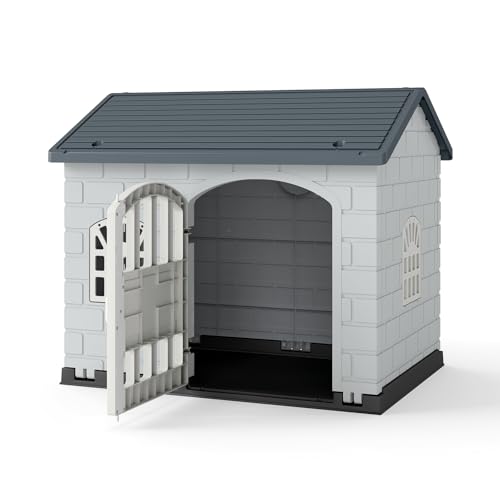 GYMAX Kunststoff Hundehütte, große Hundehaus mit 3 Fenstern, schrägem Dach & abschließbare Tür, Hundehütte für kleine bis mittelgroße Hunde, 75 x 58 x 65 cm (Dunkelgrau + Blau) von GYMAX