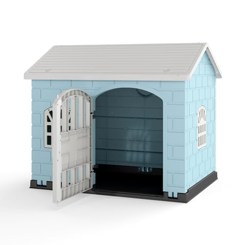 GYMAX Kunststoff Hundehütte, große Hundehaus mit 3 Fenstern, schrägem Dach & abschließbare Tür, Hundehütte für kleine bis mittelgroße Hunde, 75 x 58 x 65 cm (Himmelblau + Weiß) von GYMAX