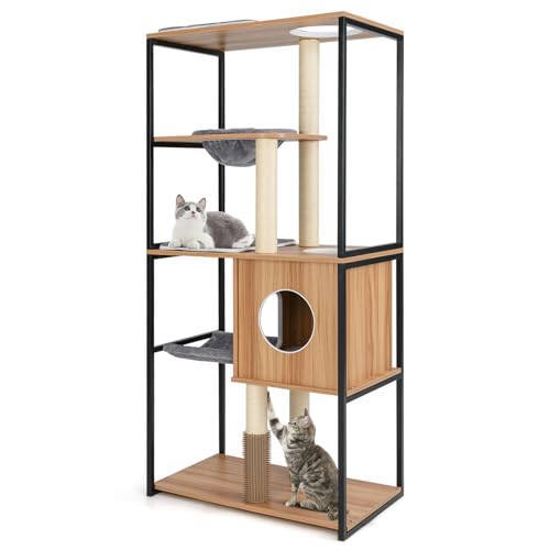 GYMAX Mehrschichtiger Katzenbaum 160 cm, Kratzbaum mit Aussichtsplattform, Katzenhöhlen & Hängematte, Aktivitätszentrum, Kletterbaum mit Körbchenbett, Sisal-Kratzstamm & Selbst-Pflegebürste GYMAX Mehrschichtiger Katzenbaum 160 cm, Kratzbaum mit Aussichtsplattform, Katzenhöhlen & Hängematte, Aktivitätszentrum, Kletterbaum mit Körbchenbett, Sisal-Kratzstamm & Selbst-Pflegebürste von GYMAX