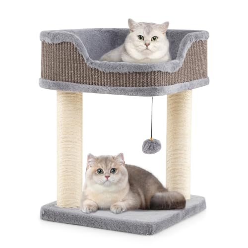 GYMAX Moderner Katzenbaum, Katzenkratzbaum mit gepolstertem Sitzbrett, Sisal-Kratzstämmen & weiche Matte, hängendem Ball, Katzenaktivitätszentrum für Hauskatzen, 38 x 38 x 51 cm (L x B x H) von GYMAX