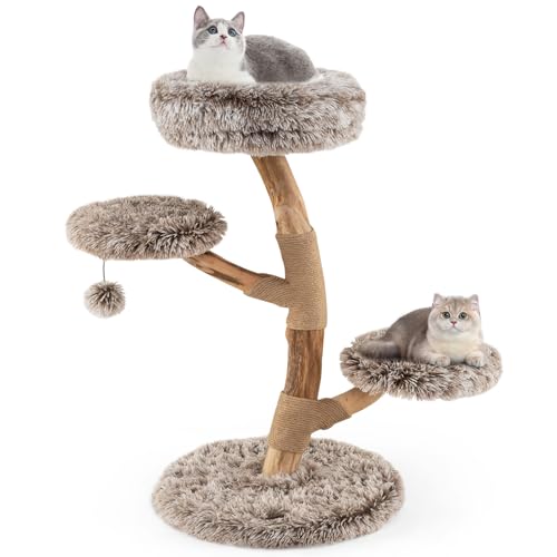 GYMAX Moderner Katzenturm, Boho-Katzenmöbel mit Birnenholzstämmen, Kratzpfosten, weicher Langplüschstoff, baumelnder Fellball & Kippschutz-Kit, luxuriöser Echtholz-Kratzbaum für Wohnungskatzen GYMAX Moderner Katzenturm, Boho-Katzenmöbel mit Birnenholzstämmen, Kratzpfosten, weicher Langplüschstoff, baumelnder Fellball & Kippschutz-Kit, luxuriöser Echtholz-Kratzbaum für Wohnungskatzen von GYMAX
