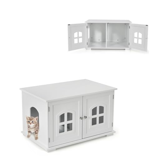 GYMAX Multifunktionaler Katzenschrank, Katzenhaus mit Doppeltür & Kreuzfenster, Katzentoilette mit Seiteneingang & Trennwand, Katzenklo Schrank aus Holz, 81 x 53 x 49 cm (Weiß) von GYMAX