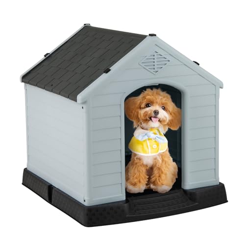 GYMAX Outdoor Hundehütte mit Schrägdach & erhöhtem Boden, Hundehaus aus Kunststoff, Wetterfeste Hundehöhle, im Landhausstil, 2 Größen zur Wahl (72,5 x 66 x 70,5 cm) von GYMAX