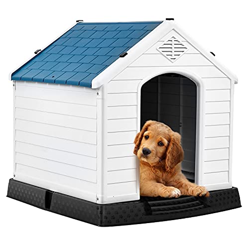 GYMAX Outdoor Hundehütte mit Schrägdach & erhöhtem Boden, Hundehaus aus Kunststoff, Wetterfeste Hundehöhle, im Landhausstil, 2 Größen zur Wahl (72,5 x 66 x 70,5 cm) von GYMAX