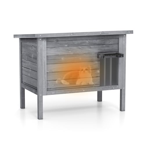 GYMAX Outdoor Katzenhaus, Winterfest, Katzenhütte aus Tannenholz mit geneigtem Asphaltdach, erhöhte Basis & abnehmbare Trennwand, Katzenkiste Schutzhütte für Draußen, 88 x 55 x 71 cm (Grau) von GYMAX