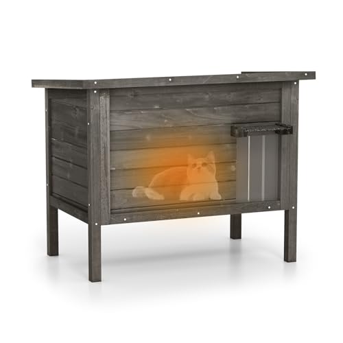 GYMAX Outdoor Katzenhaus, Winterfest, Katzenhütte aus Tannenholz mit geneigtem Asphaltdach, erhöhte Basis & abnehmbare Trennwand, Katzenkiste Schutzhütte für Draußen, 88 x 55 x 71 cm (Schwarz) von GYMAX