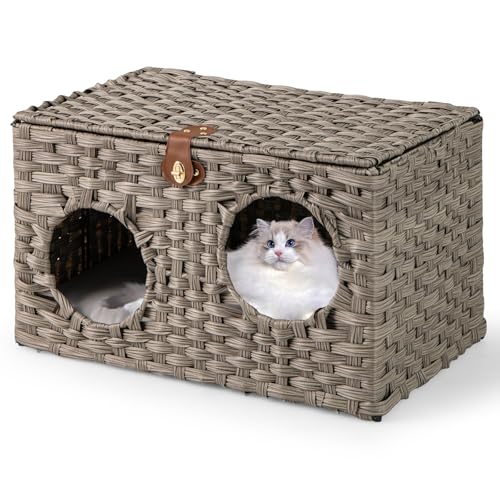 GYMAX PE-Rattan Katzenhaus, Katzenbett mit abnehmbarem Kissen & verschließbarer Deckel, Katzenkorb Haustier Weidenhaus für die meisten Katzen, 60 x 35 x 35 cm GYMAX PE-Rattan Katzenhaus, Katzenbett mit abnehmbarem Kissen & verschließbarer Deckel, Katzenkorb Haustier Weidenhaus für die meisten Katzen, 60 x 35 x 35 cm von GYMAX