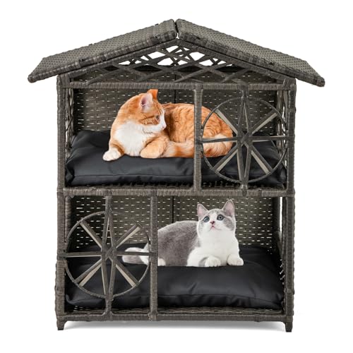 GYMAX Rattan Katzenhaus auf 2 Ebenen, Katzenhöhle mit 2 abnehmbaren Kissen, Fenstern & Türen, Katzenmöbel, Katzenbett, Haustierhaus für drinnen & draußen GYMAX Rattan Katzenhaus auf 2 Ebenen, Katzenhöhle mit 2 abnehmbaren Kissen, Fenstern & Türen, Katzenmöbel, Katzenbett, Haustierhaus für drinnen & draußen von GYMAX