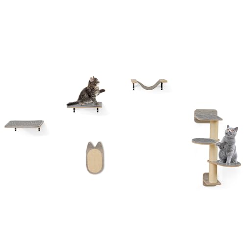 GYMAX Wandmontiertes Katzenmöbel-Set, Kletterwand Katzen inkl. 4-stöckigem Katzenbaum, 2 Katzentreppe Wand, Hängematte, Kratzbrett & Kratzpfosten, Wandkratzbaum, Katzenwandregal, Kletterwand Set von GYMAX