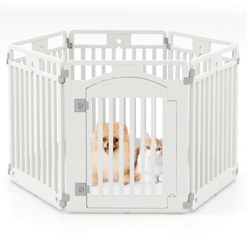 GYMAX Welpenauslauf faltbar, Laufstall Hund mit 6 Paneelen, abschließbarer Tür, Saugnäpfe & Bodennägeln, Hundelaufstall für drinnen & draußen, 129 x 65 x 81 cm, Weiß von GYMAX