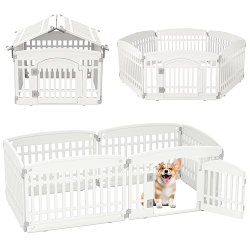 GYMAX Welpenlaufstall 60/75 cm hoch, Laufgitter Hund mit 6 Paneelen, abschließbarer Tür & Bodennägeln, Indoor Outdoor Hundelaufstall für Wohnung, Einfache Installation, Weiß von GYMAX