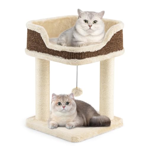 GYMAX moderner Katzenbaum, Katzenkletterturm mit gepolstertem Sitzbrett, Sisal-Kratzstämmen & weiche Matte, hängendem Ball, katzenkratzbaum Katzenaktivitätszentrum, 38 x 38 x 51 cm, beige von GYMAX
