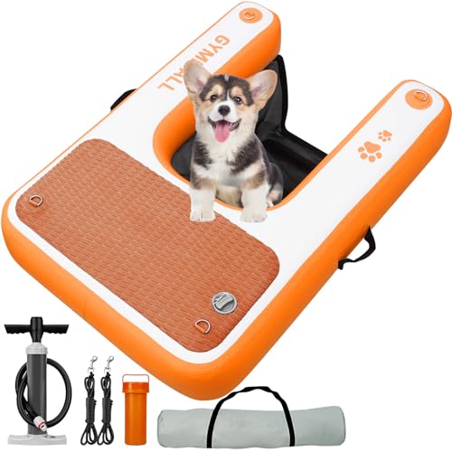 GYMMALL Aufblasbare Hundewasserrampe Haustier Dock Plattform Orange, Haustier Wasserplattform für Boot Pool See Meer, rutschfeste Sicherheit Schwimmdock für Hunde bis zu 90.7 kg, EVA Puppy Float Ramp von GYMMALL