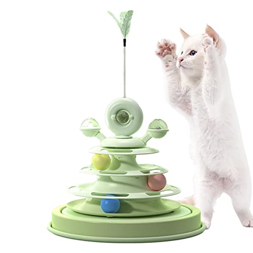 GYOUZA Katzenkugelturm - 360° drehbares Katzenspielzeug,4-stufige Katzenroller-Kugelbahn mit Katzenminze und drehender Windmühle, Katzenfeder-Stick-Spielzeug für Kätzchen von GYOUZA