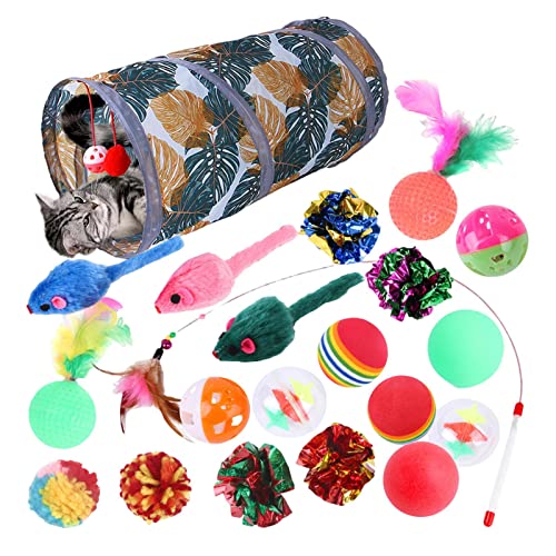 GYOUZA Katzenspielzeugpaket,Interaktives Katzenspielzeug - Interaktives Katzenspielzeug mit zusammenklappbarer Tunnelröhre, Regenbogen-Glockenbällen, Mausspielzeug und Crinkle-Bällen von GYOUZA