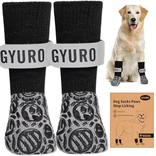 GYURO 2Paar Hundesocken Anti rutsch verhindern das Lecken der Pfoten, Pfotenschutz für Hartholzböden, Traktionskontrolle, ohne Verdrehung für kleine, mittelgroße und große Hunde (Schwarz, XXL) von GYURO