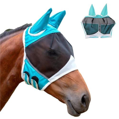 GYWHOOFT Fliegenmaske Pferdefliegenmaske UV-Schutz Super Comfort Stretchy Fliegenmaske mit Ohrenschutz Pferdehaube Fliegenmaske Horse Fly Mask Pferde Zubehör Pferde Sachen（Blau L） von GYWHOOFT